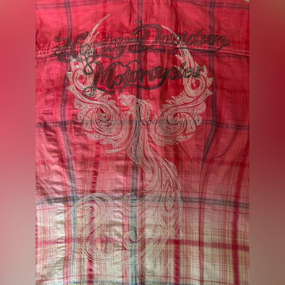 Harley-Davidson plaid ombré pearl snap shirt with embroidered back design. Small - Picture 5 of 11
